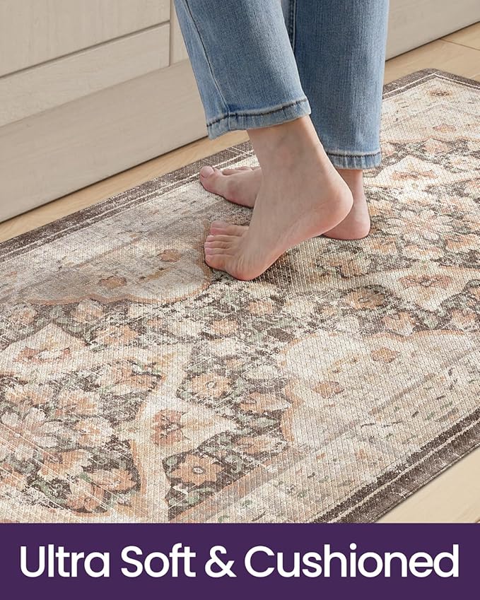 DEXI Kitchen Floor Mats Anti Fatigue, 17x59 Cushioned Vintage Runner Rug Waterproof, Standing Comfort Memory Foam Padded for Front Sink Laundry Office, Beige and Brown