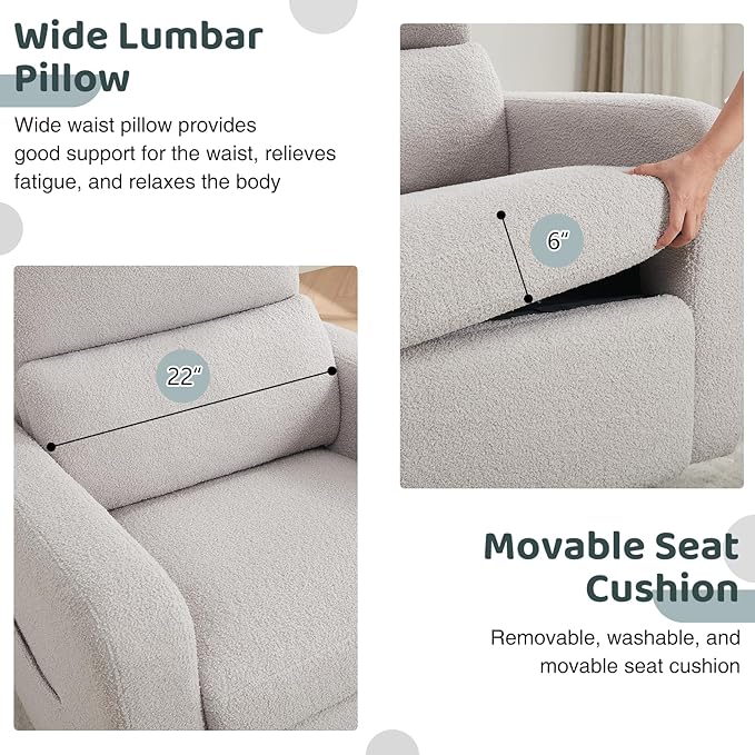 Swivel Rocker Recliner, Oversized Teddy Manual Nursery Glider Rocking Recliner with Removable Cushion, Upholstered Boucle Swivel Reclining Chair for Nursery Living Room Bedroom, Teddy Gray