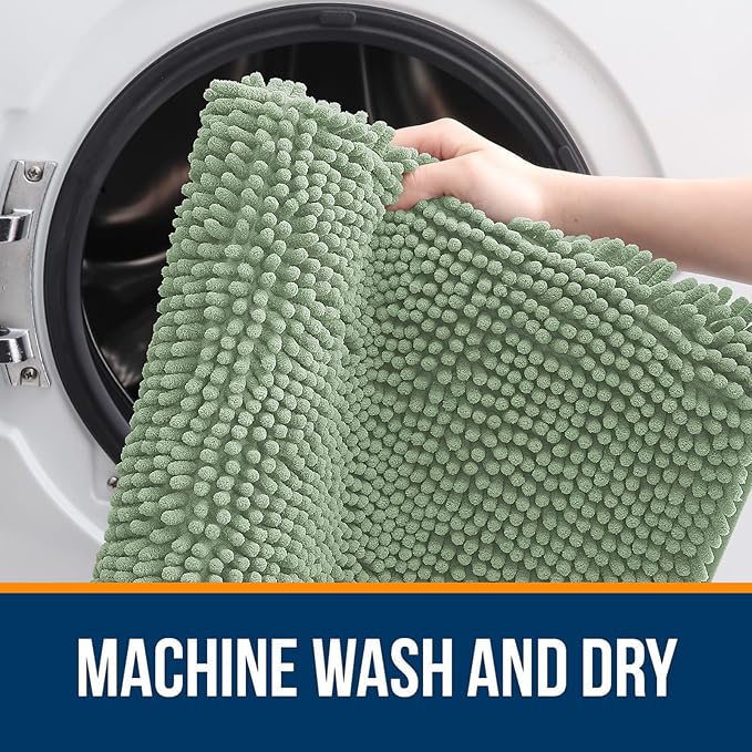 OLANLY Bathroom Rugs Sets 2 Piece, Soft Absorbent Chenille Bath Mats Area Rug Set, Non-Slip, Quick Dry, Machine Washable Bath Mats for Bathroom, Home Decor Accessories (47"x20"+30"x20", Sage Green)