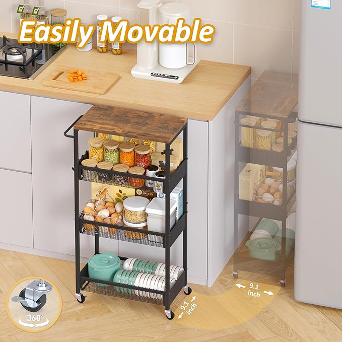 Slim Rolling Storage Cart, 4 Tier Metal Narrow Utility Cart with Handle and Wood Top, Multifunctional Small Mobile Shelf Unit Organizer Trolley for Laundry, Bathroom, Kitchen