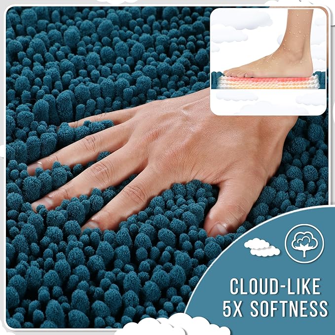 Yimobra Long Bathroom Rugs Non Slip Washable 44x24 Inch - Ultra Soft Absorbent Chenille Bath Mat, Quick Dry Shaggy Floor Carpet for Tub Shower, Peacock Blue Home Decor Accessories