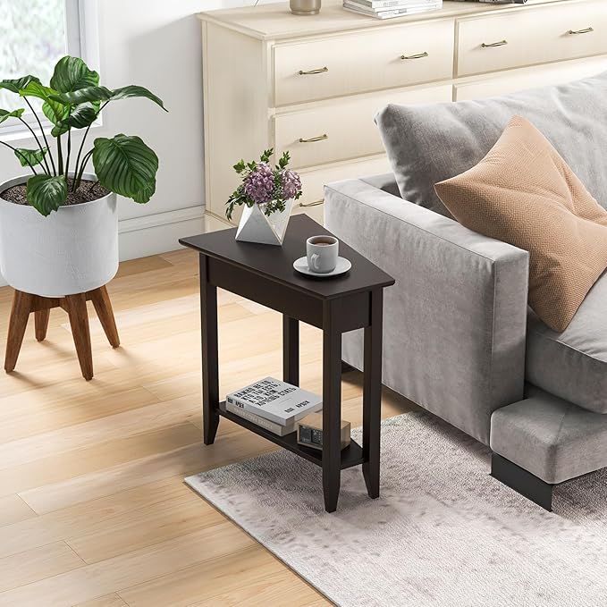 Giantex Wedge End Table Set of 2, Triangle Side Table with Storage Shelf and Solid Wood Legs, Recliner Table, 24.5" Tall Nightstand, Modern Narrow Accent Table for Small Space Living Room, Espresso