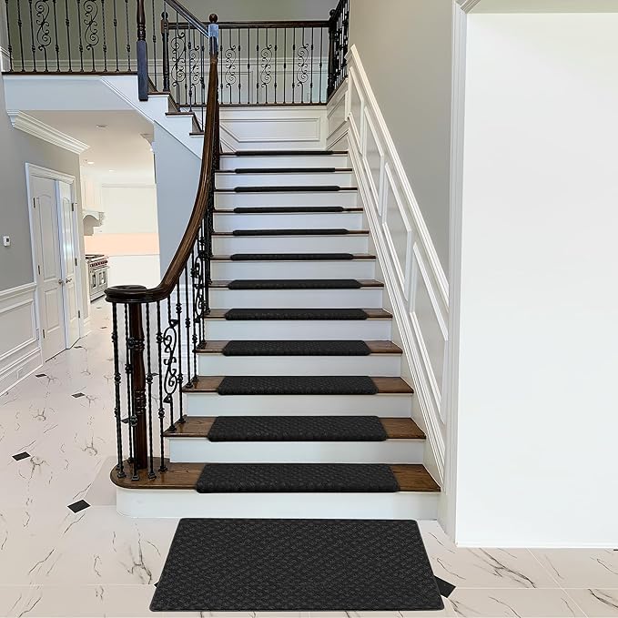 PURE ERA Bullnose Carpet Stair Treads Tape Free Non-Slip Indoor Stair Protectors Pet Friendly Stair Treads for Wooden Steps 9.5" x 30"(2 Pieces,Black Mini-Diamond Trellis)