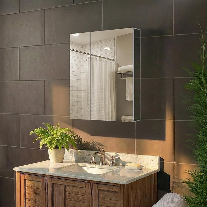 Fine Fixtures Bathroom Medicine Cabinet, Aluminum, Recessed/Surface Mount, 30" x 36", Right/Left Hinged, Mirrored Interior
