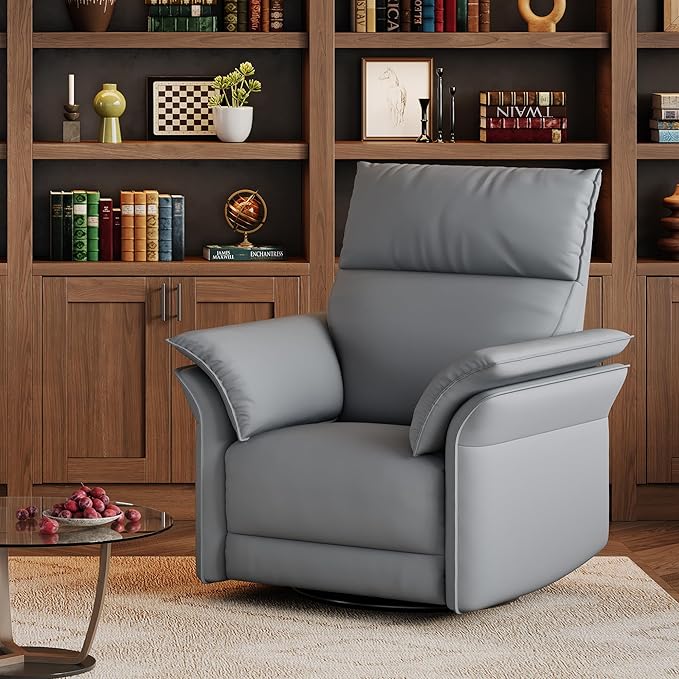 IDEALHOUSE Power Recliner Chair, 270° Swivel Rocking Glider with USB Charging Port, PU Leather Upholstered Fabric and Double-Layer Armrests, Nursery Chair for Living Room, Nursery (Power Grey)