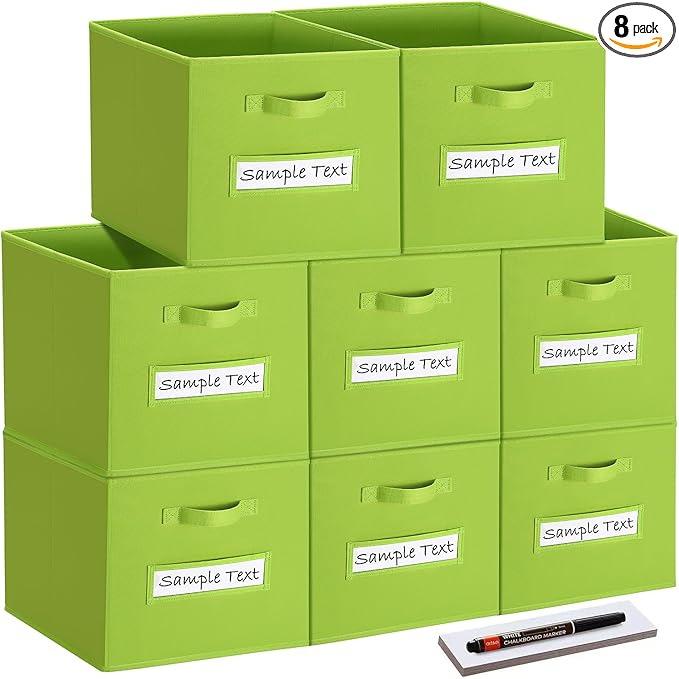 artsdi Fabric storage cubes (8 Pack) 11 Inch Cube Storage Bin, cube organizer bins with 8 Labels Window Cards & a Pen, Foldable cube organizer bins and Storage Box, lime green