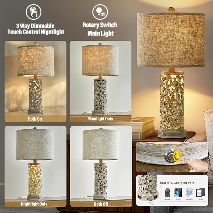 OYEARS 3-Way Dimmable 22'' USB A+C Touch Control Table Lamp Set of 2 with Nightlight for Living Room Bedroom Farmhouse Bedside Nightstand Lamps (Bulb Included)