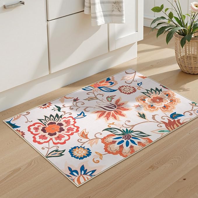 Beeiva Floral Entry Way Rugs Indoor Washable, Ultra Thin 2x3 Throw Rug Non Slip for Kitchen, Soft Paisley Mat Carpet for Bedroom Entrance Bathroom (Beige,2'x3')