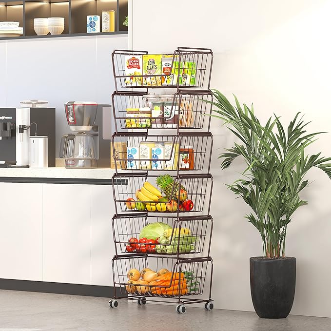 PUSDON Stackable Metal Storage Carts, Dual Use Shelf for Kitchen Fruit Vegetable Baskets with Wheels, Storage Rack for Living Room, Home & Office, Standard Bronze 4 Tiers