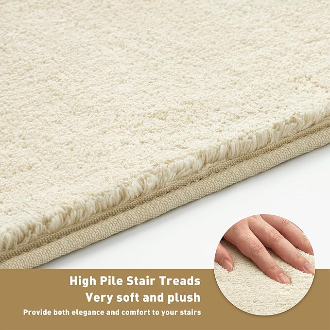 PURE ERA Carpet Stair Treads Ultra Plush 8" X 30" Soft Indoor Stair Protectors Pet-Friendly Non-Slip Skid Resistant Tape Free Washable Reusable (2 Pieces, Beige)