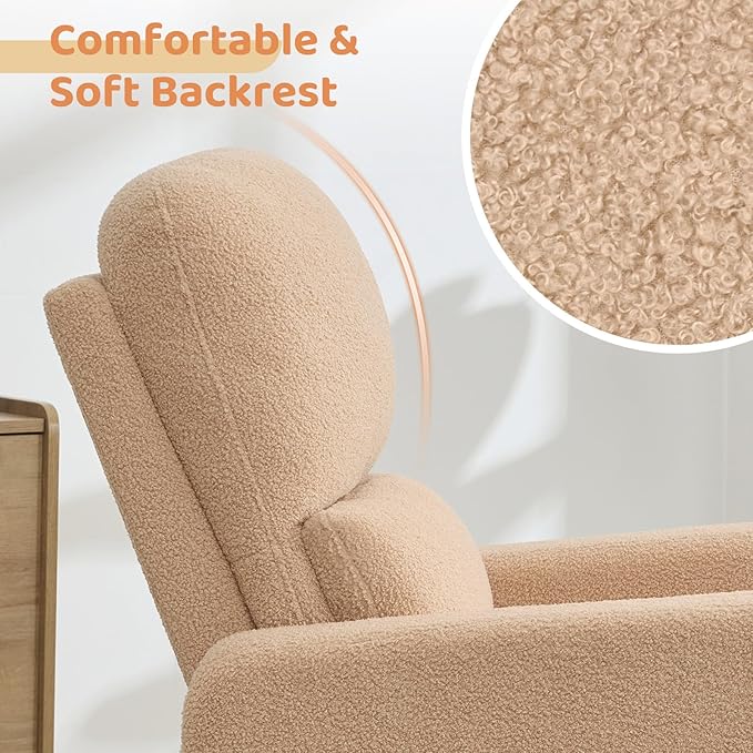Swivel Rocker Recliner, Oversized Manual Boucle Nursery Glider Rocking Recliner Chair with Removable Cushion, Upholstered Swivel Reclining Chair for Nursery Living Room Bedroom,Teddy Camel