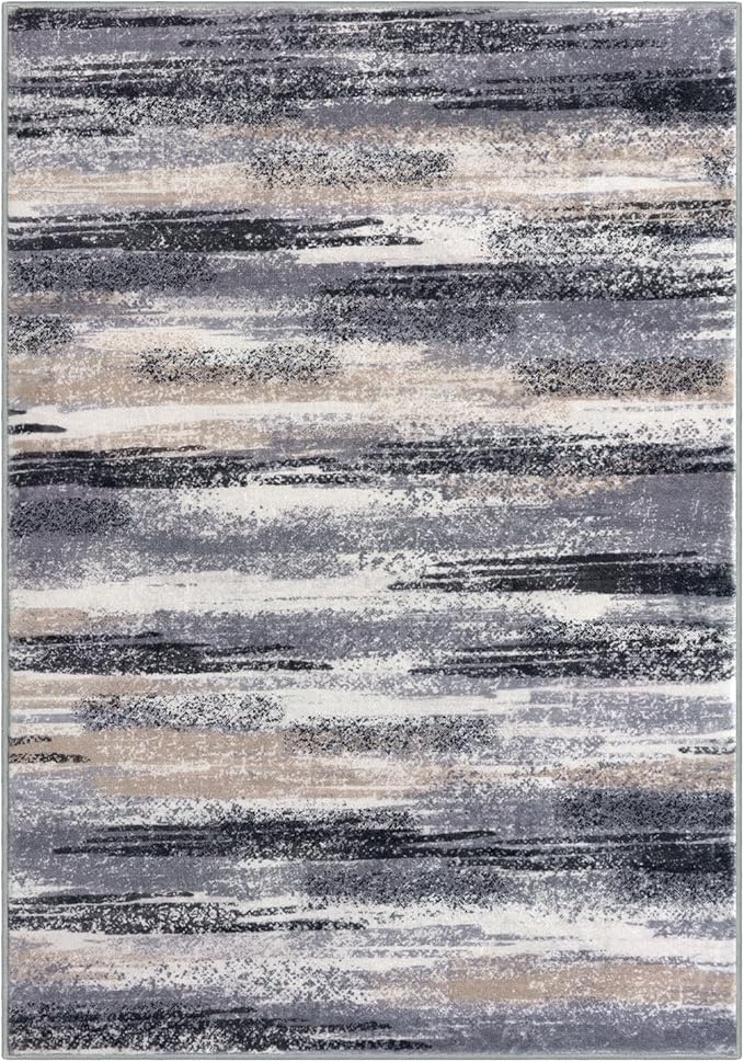 Modern Abstract 4x6 Living Room Washable Rug Non-Slip Soft Bedroom Area Rug Grey Black Multi Thin Print Faux Wool Floor Carpet Throw Rugs for Nursery Playroom Dining Room Indoor Home Decor