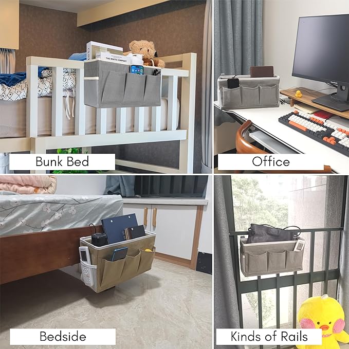 2Pcs Beside Caddy Storage Organizer, Hanging Bag Holder with Pockets for Bedroom, Loft Bed Tent, Bed Curtain, Top Bunk bed Shelf Accessories Bedside Caddy 3-pocket (White-2pcs)