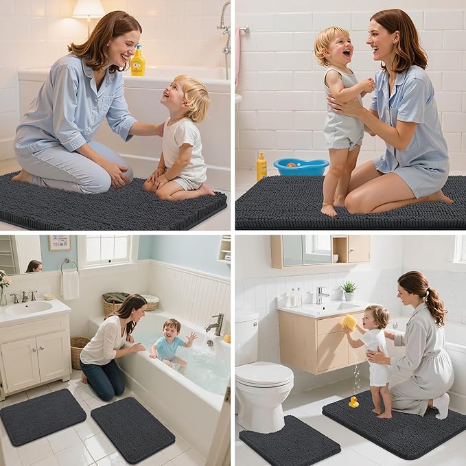Arotive Bathroom Toilet Rugs U Shaped 24x20, Extra Soft Absorbent Shaggy Chenille Contour Bath Rugs for Toilet, Machine Washable Non-Slip Contoured Bath Mats, Dark Grey