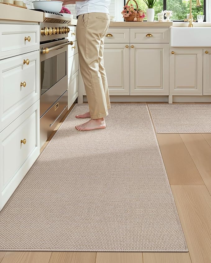 Color&Geometry Washable Kitchen Floor Mats Set,Extra Long Absorbent Non Slip Kitchen Runner Rug for Front Sink, Laundry, Hallway, 24"x36"+24"x72", Beige