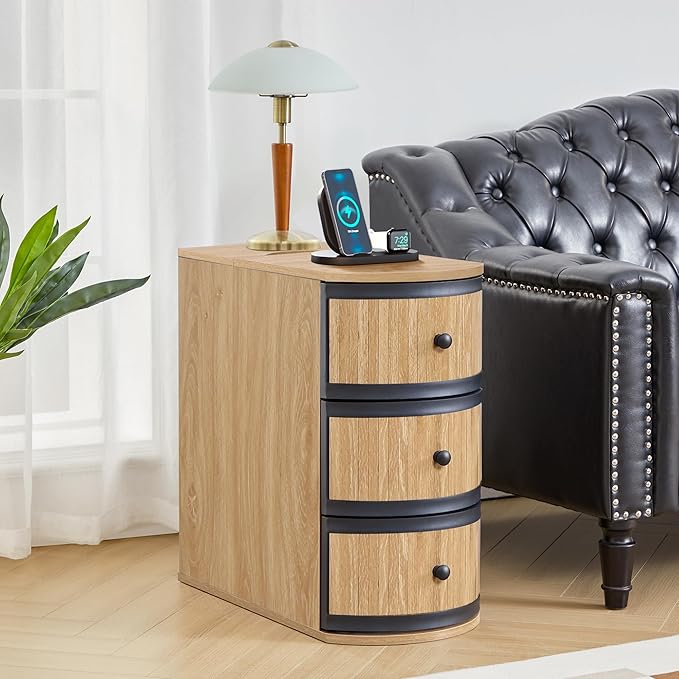 End Table with Charging Station for Couch,Mid-Century Modern Narrow Sofa Side Table with Drawer for Living Room,Small Bed Side Table for Bedroom (Natural, MCM)