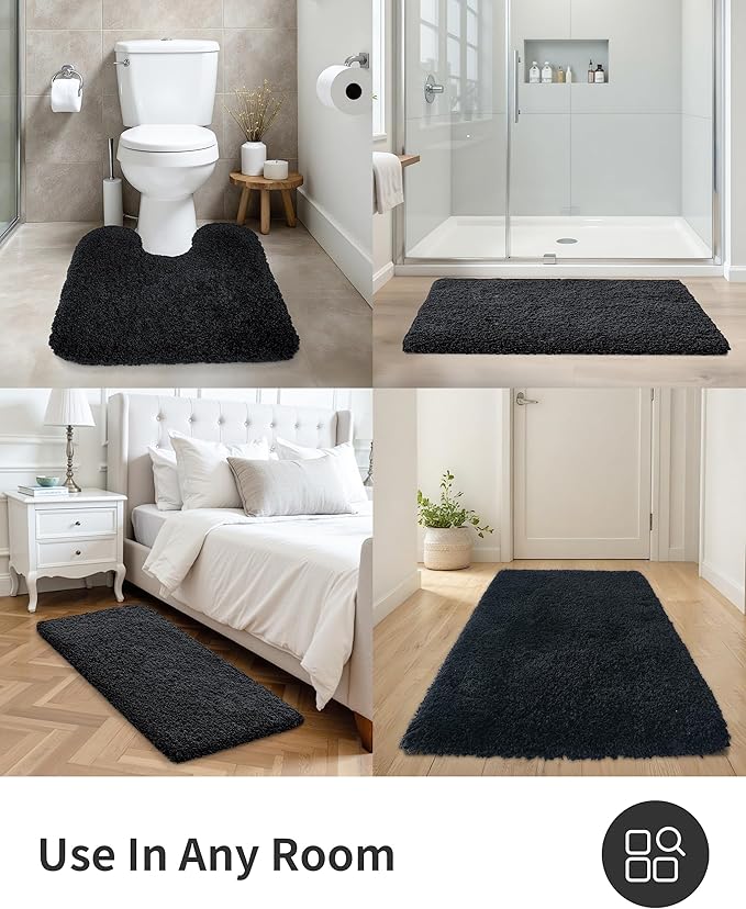 ILANGO Black Bathroom Rugs 30" × 20" Non Slip & Super Absorbent Extra Thick Soft, Washable Bath Mat for Floor, Microfiber Plush Shaggy Bath Rug with Rubber for Bathtub Shower Room Sink