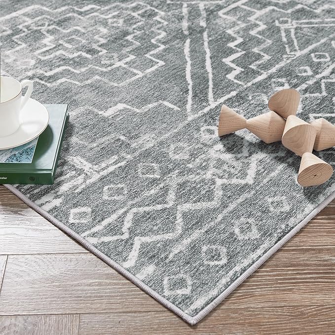 jinchan Hallway Runner Rug 3x7 - Moroccan Kitchen Machine Washable Runner Rug Modern Geometric Soft Faux Wool Ultra-Thin Low-Pile Non-Slip Carpet for Laundry Room Bedroom Farmhouse(3x7ft, Dark Grey)