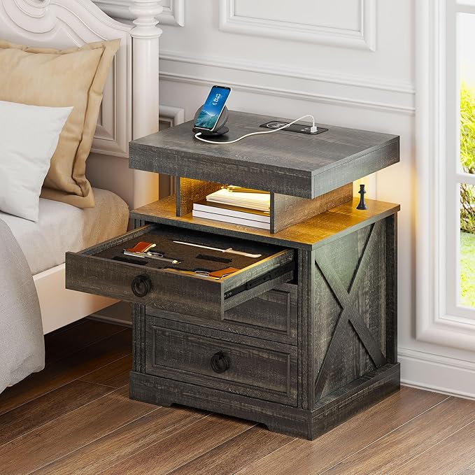 Gurexl Farmhouse Night Stand with Lockable Gun Drawer,LED Nightstand with Charging Station,Bedside Table with Human Sensor 3-Color Lights,End Table with 3 Drawers,Bedroom,Rustic