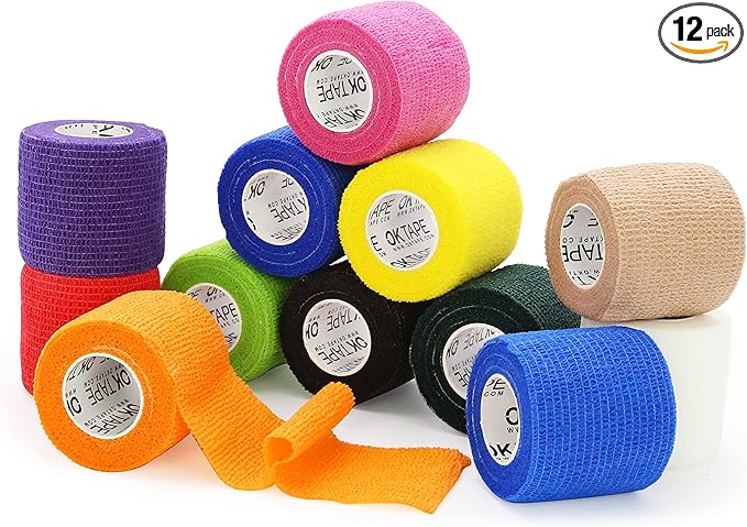 OK TAPE Self Adherent Cohesive Bandages Wrap - 12Packs, 2" x 5 Yards, Non-Woven Self Adhesive Bandage Wrap for Thumb, Finger, Wrist, Ankle, Vet Wrap Bandages Tape (Mixed Colors)