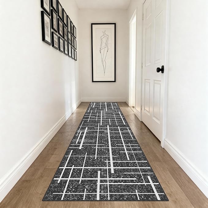 Non Slip Hallway Runner Rug 2x10, Gray Modern Distressed Stripe, Washable Long Rug, Woven Thin Low Pile Carpet Runners for Hallway 10ft Entryway, Kitchen, Walkway- Gray