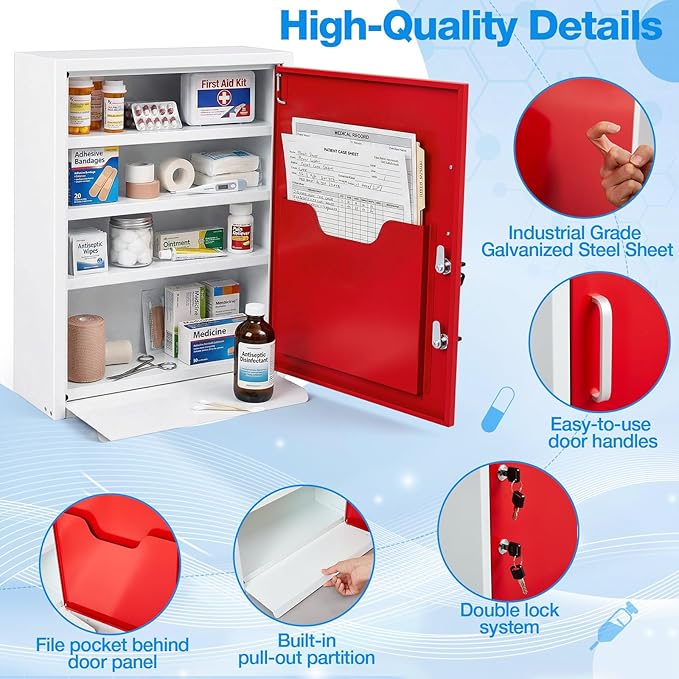 Zonon Locking Medication Cabinet with Document Pocket, Metal Wall Mounted Medication Cabinet with Dual Keys and Lock(Red,21 x 16 x 6 Inch,Right Angle)