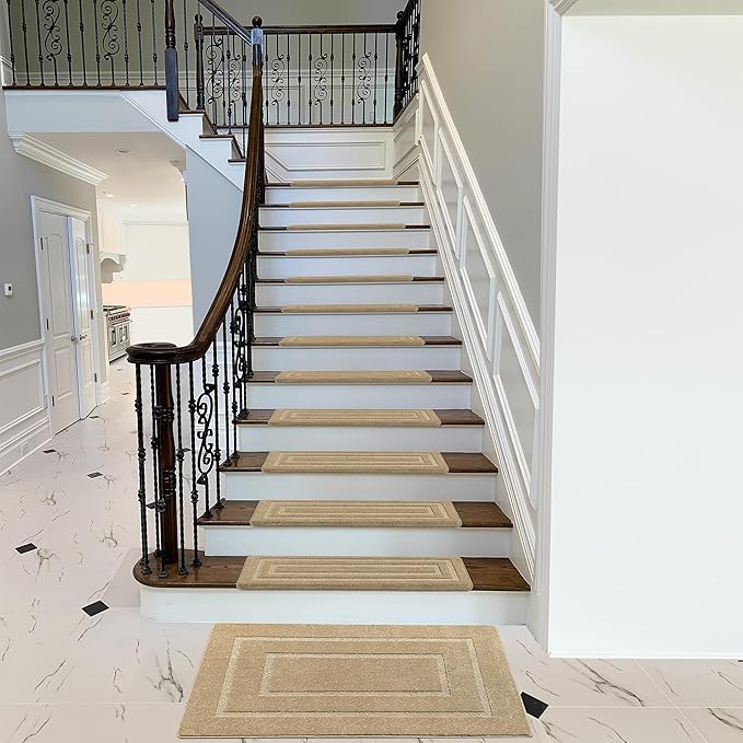 PURE ERA Bullnose Carpet Stair Treads Set Tape Free Non-Slip Indoor Stair Protectors Pet Friendly Rugs 9.5" x 30"(14 Pieces,Khaki Rectangular)