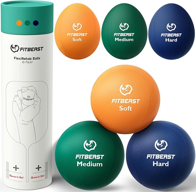 FitBeast Stress Balls for Adults, 6-Pack Hand Therapy Balls, Soft, Medium, Hard Tri-Density, Green, Orange, Blue