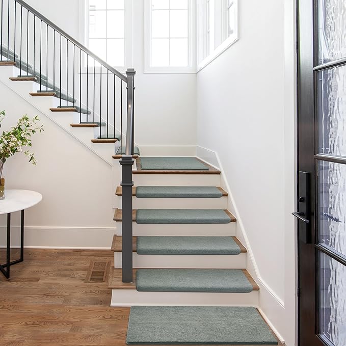 PURE ERA Carpet Stair Treads Ultra Plush 9.5" X 30"Soft Bullnose Indoor Stair Protectors Pet-Friendly Non-Slip Skid Resistant Tape Free Washable Reusable(2 Pieces,Greenish Gray)