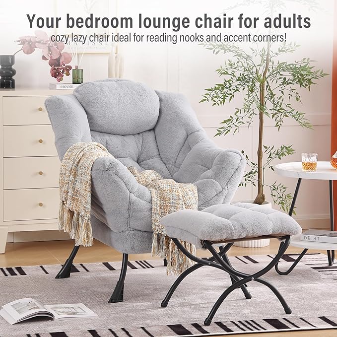 Lazy Chair with Ottoman, Modern Reading Chair with Folding Footrest, Comfortable Lounge Accent Chair for Bedroom, Study, Living Room, Courtyard (Plush Grey)