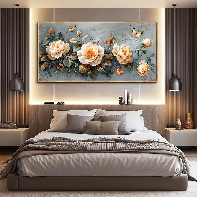 PHAOHUAXM Wall Art For Living Room Large Canvas Wall Decoration For Bedroom White Ink-Wash Flower Wood Frame Paintings Office Restaurant Room Mural Printing Artwork Ready To Hang Home Decor 24"X48"