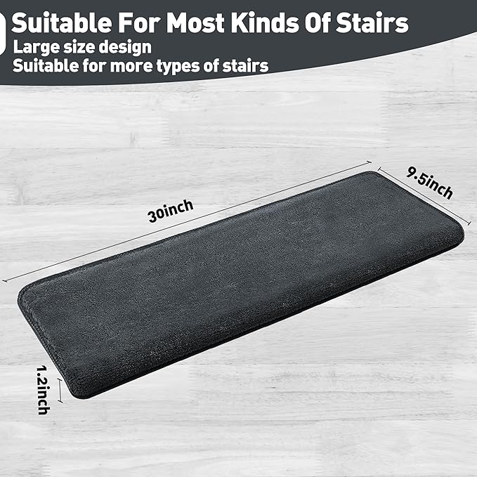 PURE ERA Carpet Stair Treads Ultra Plush 9.5" X 30"Soft Bullnose Indoor Stair Protectors Pet-Friendly Non-Slip Skid Resistant Tape Free Washable Reusable(7 Pieces,Dark Gray)