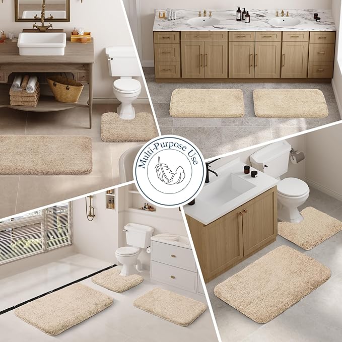 Walensee Bathroom Contour Rug (20x24, Beige) Non Slip Bath Mat Water Absorbent Soft Microfiber Shaggy Bathroom Mat Machine Washable Bath Rug U Shape Toilet Rug