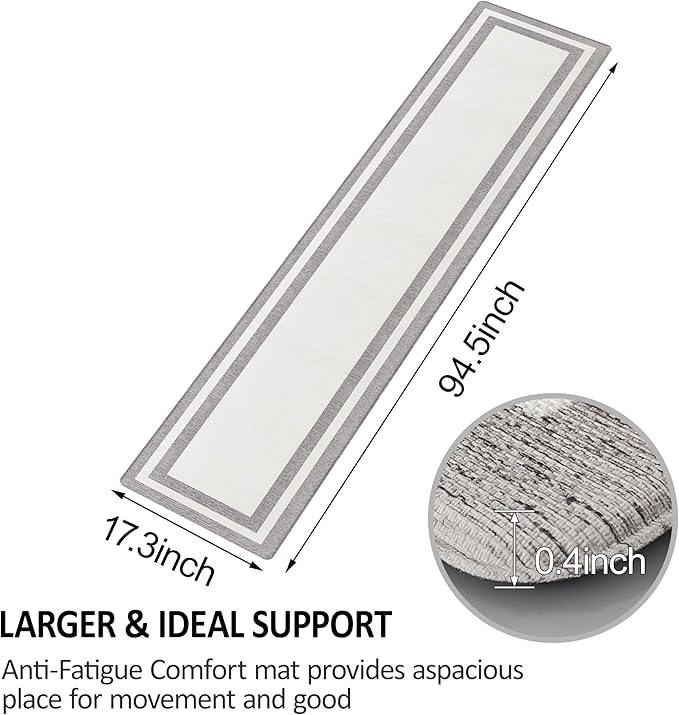 Kitchen Rugs Cushioned Anti Fatigue Kitchen Mats for Floor Ergonomic Comfort Standing Mat for Kitchen Non Slip Waterproof Memory Foam Kitchen Rug for Floor, Office, Laundry 17.3"x94.5" White