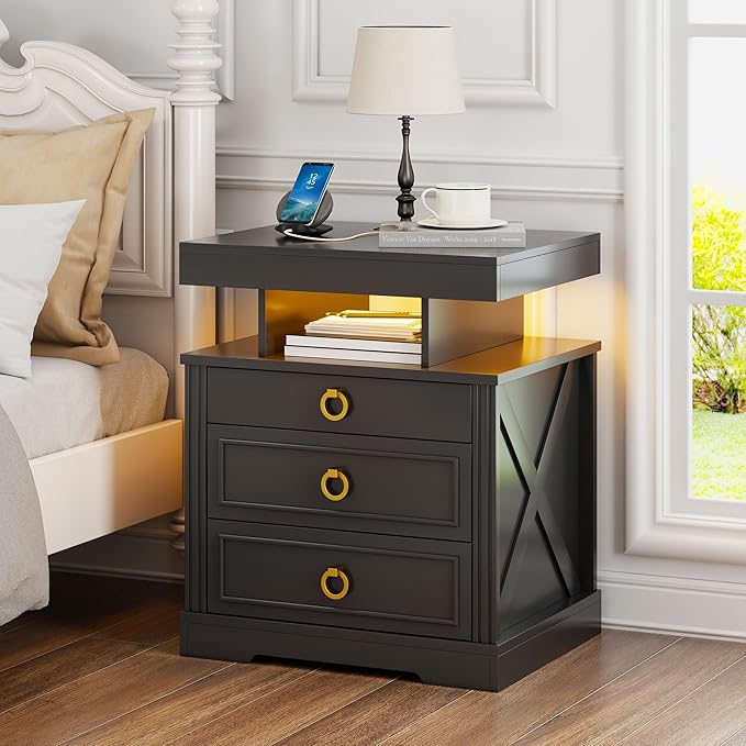 Gurexl Farmhouse Night Stand with Lockable Gun Drawer,LED Nightstand with Charging Station,Bedside Table with Human Sensor 3-Color Lights,End Table with 3 Drawers,Bedroom,Black