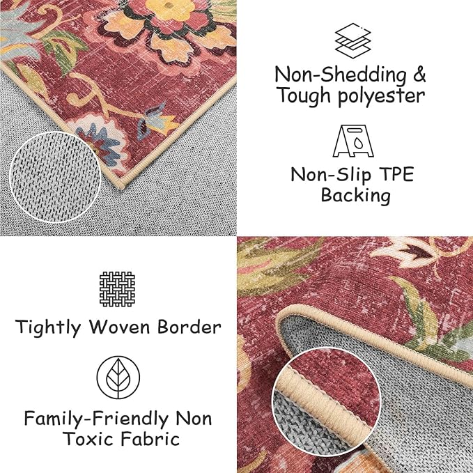 Beeiva Washable Laundry Room Rug Runner, 2x5 Red Ultra Thin Floral Kitchen Rugs Non Slip Washable, Vintage Small Bedside Christmas Rug Runner Lightweight Indoor Carpet for Entryway Bedroom