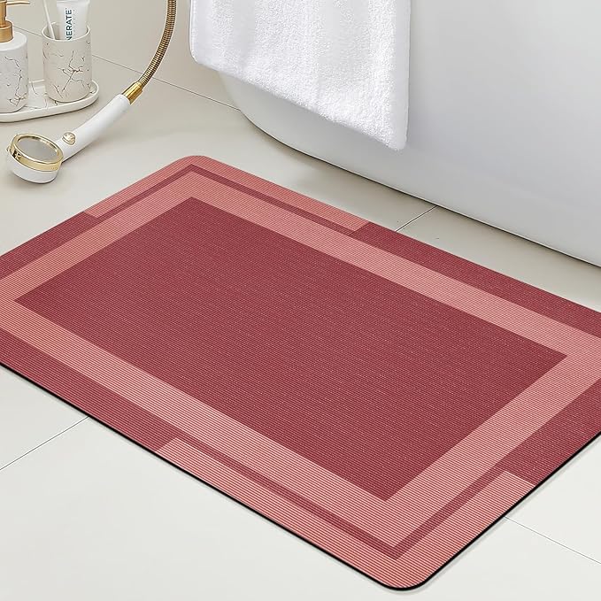 Christmas Ultra Thin Bath Mat, Upgrade Backing Non Slip Thin Bath Mats Fit Under Door, Quick Dry Ultra Absorbent Bathroom Rugs, Machine Washable Bath Rugs for Bathroom, Bathtub, Red/Bordered/32"x20"