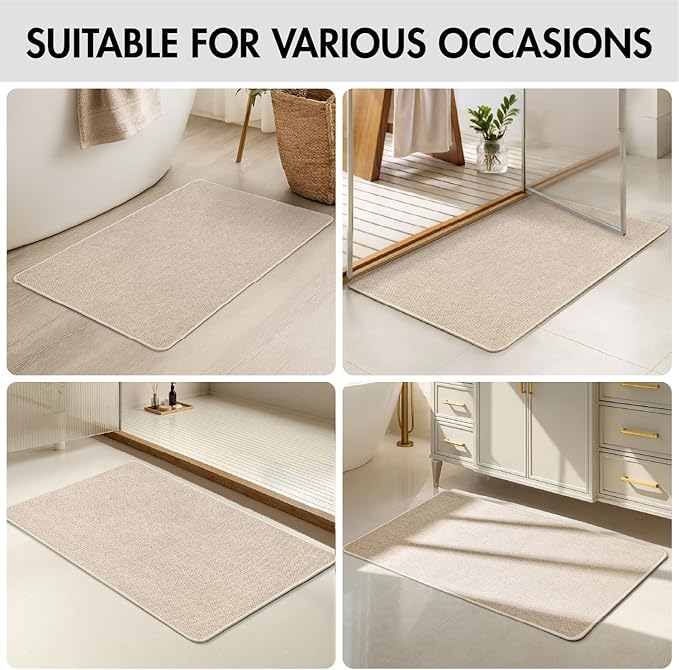 MIULEE Set of 2 Ultra Thin Bathroom Rugs, Rubber Bath Mats for Bathroom Non Slip, Quick Dry Absorbent Bath Rug Machine Washable, Fit Under Door, Shower, Sink, Home Decor, Light Beige, 24x36 Inch