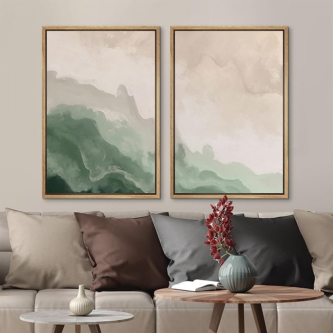 MUDECOR Framed Canvas Print Wall Art Soft Green and Beige Abstract Calming Watercolor Landscape Illustrations Modern Art Decorative Bohemian Chic for Living Room, Bedroom, Office - 16"x24"x2 Natural