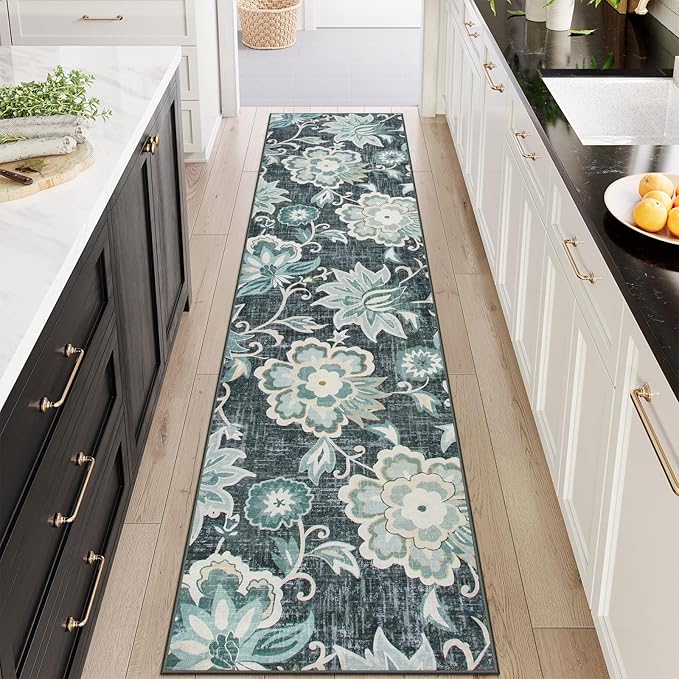 Beeiva Floral Kitchen Runner Rug, 2.5x10 Runner Rug Vintage Blue Rug Runners for Hallways, Kitchen Rugs Non Slip Washable Paisley Stair Print Runner Carpet for Entryway Laundry Room
