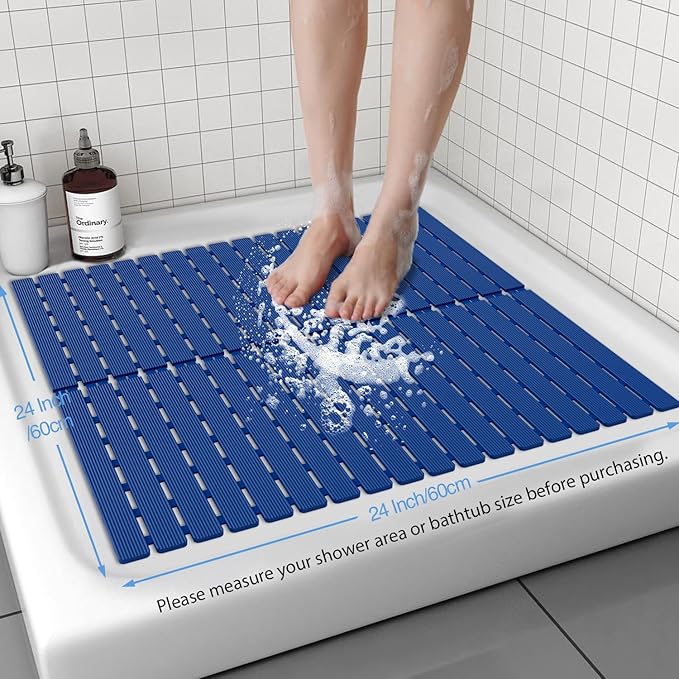 Shower Mat Non-Slip Bath Mat for Tub and Shower Stall,200+ Suction Cups with Drain Holes, Quick Dry Machine Washable, Extra Grip for Stand Up Showers, Bathroom Essentials 24x24 Inch (Blue)