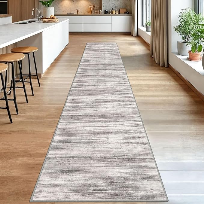 KOZYFLY Modern Abstract Washable Rug Runner 2.6x16 Hallway Rug Runner Non-Slip Soft Kitchen Runner Rugs, Grey-Beige Striped Carpet for Stair Entryway Bathroom Laundry Room Foyer