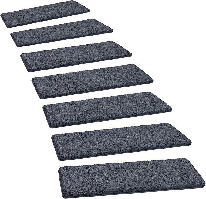 PURE ERA Carpet Stair Treads Ultra Plush 8" X 30" Soft Indoor Stair Protectors Pet-Friendly Non-Slip Skid Resistant Tape Free Washable Reusable(2 Pieces, Dark Gray)