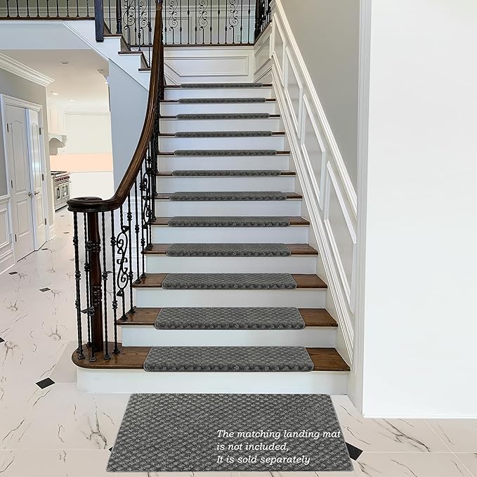 PURE ERA Bullnose Carpet Stair Treads Set Tape Free Non-Slip Indoor Stair Protectors Pet Friendly Rugs9.5" x 30"(7 Pieces,Grey Mini-Diamond Trellis)