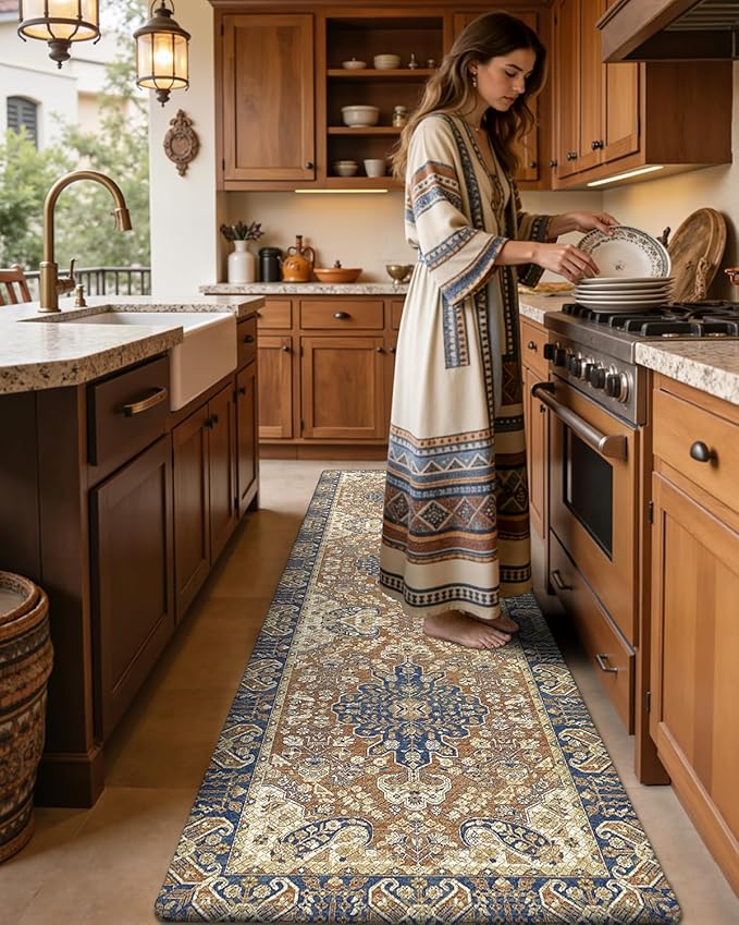 DEXI Kitchen Mats for Floor Cushioned, 23x86 Extra Large Long Runner Rug Non Slip, Waterproof Soft Comfort Standing Padded Anti Fatigue Decorative, Brown Beige, 23x86