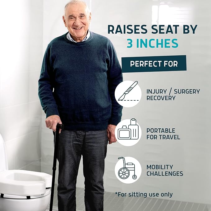 Lunderg Padded Toilet Seat Riser for Seniors - Adds 3 inches. Universal Fit - FIRM Raised Toilet Seat Cushion with High-Density Foam for Enhanced Comfort & Elevation. Post-Surgery Must have (White)