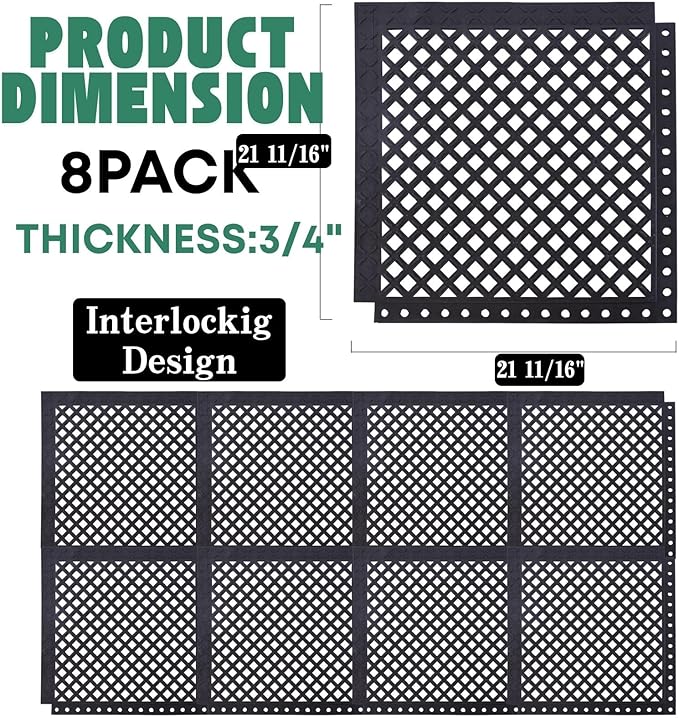 BESEA 8-Pack Interlocking Rubber Floor Mats, 21.6" Shock-Absorbing, Anti-Fatigue Tiles, Heavy-Duty, Waterproof & Anti-Slip, Modular Garage, Gym, Workshop Flooring