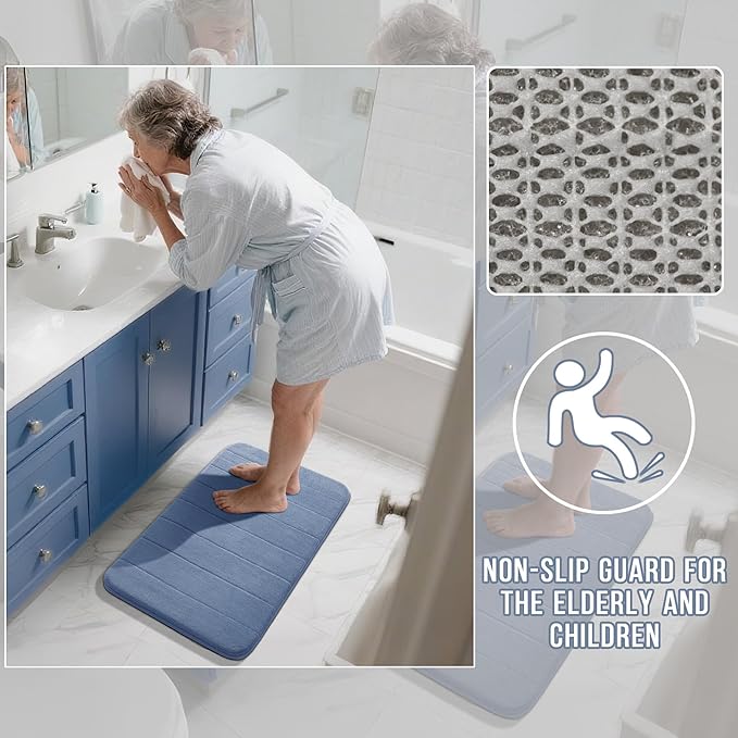 Yimobra 3 Pieces Memory Foam Bath Mat Set with U-Shaped Toilet Rug - Non Slip Super Soft Absorbent Quick Dry Bathroom Rugs for Bathtub, Vanity & Toilet Base, Denim Blue