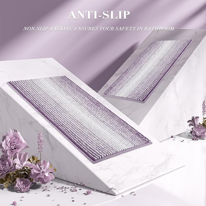 BSICPRO Bathroom Rugs Sets 3 Piece, Toilet Rugs U-Shaped Contour Bath Mat Set, Long Striped Absorbent Non Slip Chenille Shower Mat, Lavender Purple
