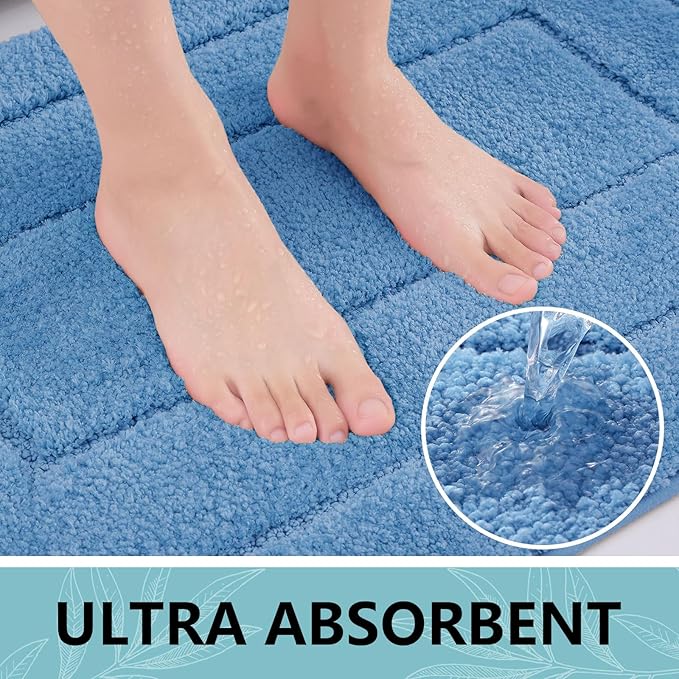 Buganda Bathroom Rugs, 47" x 24", Soft and Absorbent Microfiber Bath Rugs, Non-Slip Shaggy Shower Carpet, Machine Wash Dry Bath Mats for Bathroom Floor, Tub and Shower, Blue